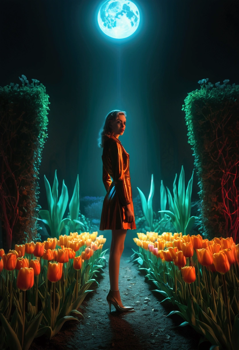 (Tulip:1.2), lmmerse yourself in the neon-lit, retro-futuristic garden in Retro Cyberpunk Visions, where the bright contrasts with the rough, forming a nostalgic yet futuristic scene, RAW photo, color graded, captivating chiaroscuro, dynamic movement, full body, (special effects:0.1), award-winning, cinematic still, emotional, vignette, dynamic, vivid, (masterpiece, best quality, photorealistic, Professional, perfect composition, very aesthetic, absurdres, ultra-detailed, intricate details:1.3)