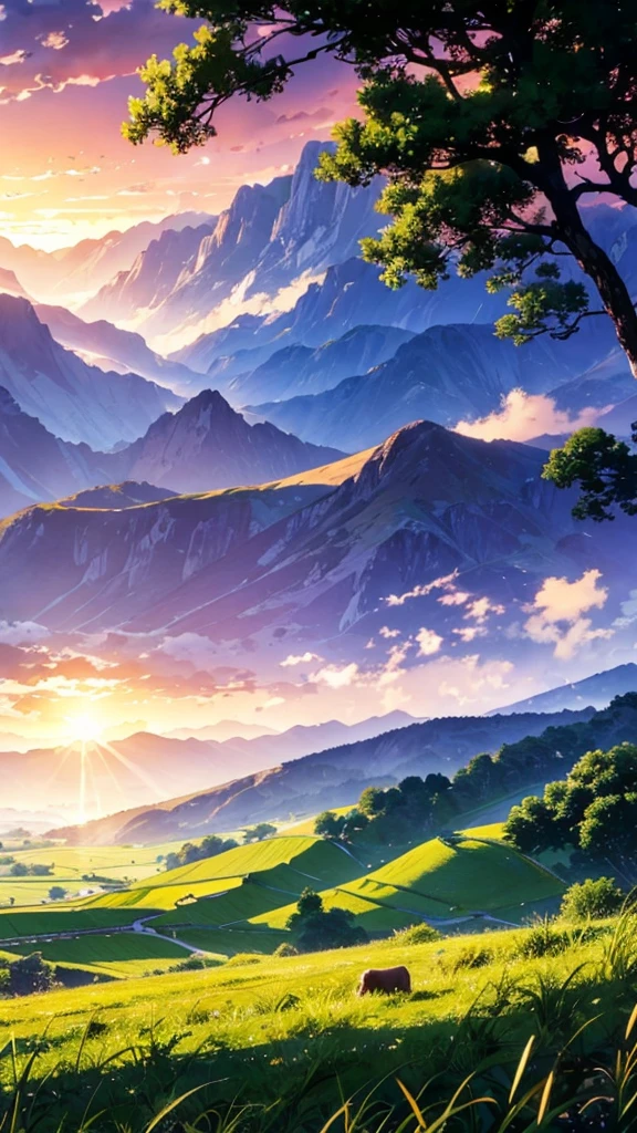 Highest quality、Landscape painting、Standing alone in the vast grassland、Morning Glow、Light purple sky、dawn、People look small, give detail backgrounds, the environment should mesmerizing.