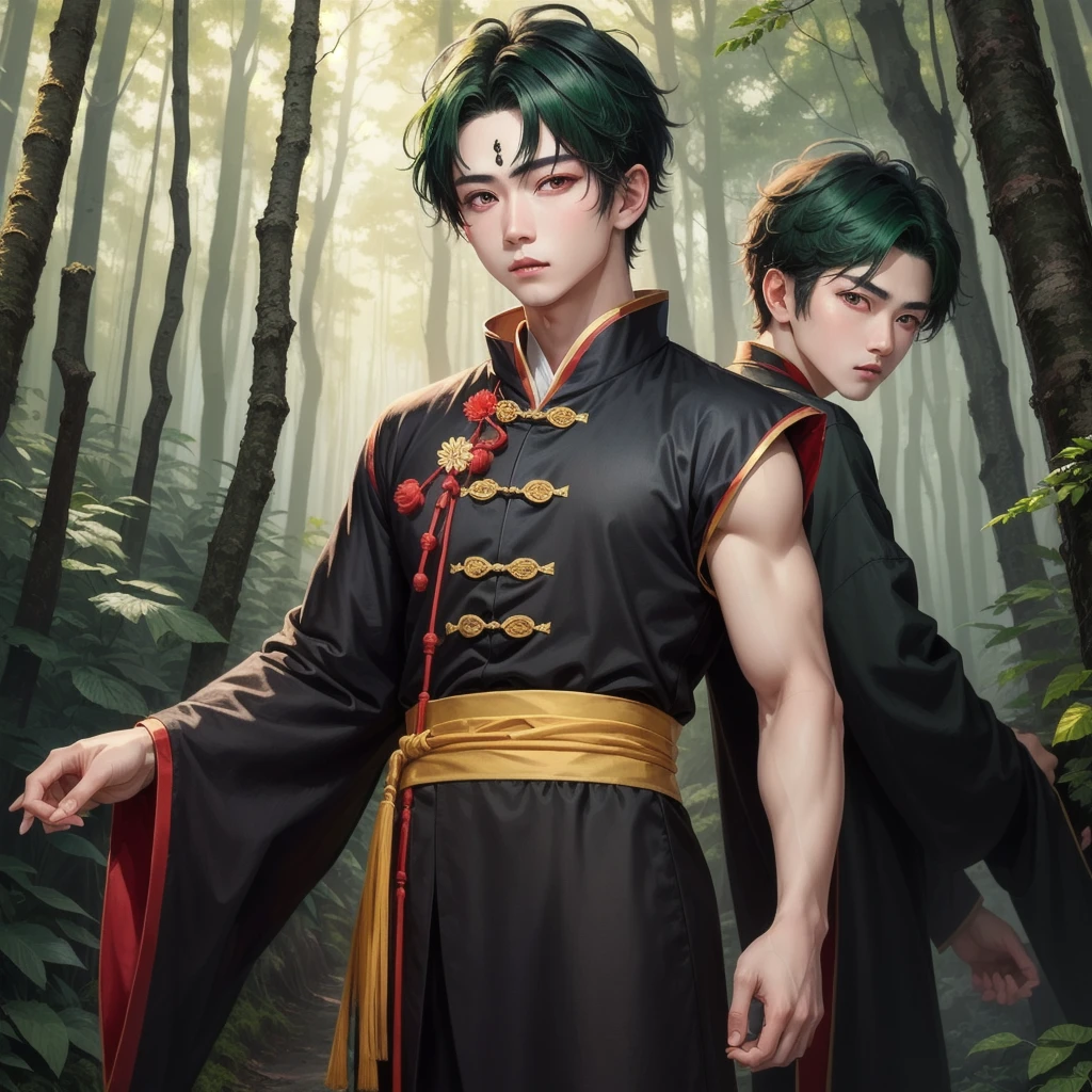 ((best quality)), ((masterpiece)), (detailed), A twins boy , with short black and green color hair , white skin. , Red eyes, black ancient chinese costume ,cool , The background is forest.