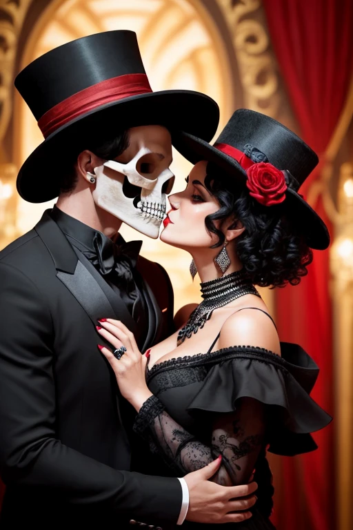 a woman with short curly hair, in a black and red gypsy outfit, kissing a man with a skull face who wears a black blazer and black top hat, black overcoat
