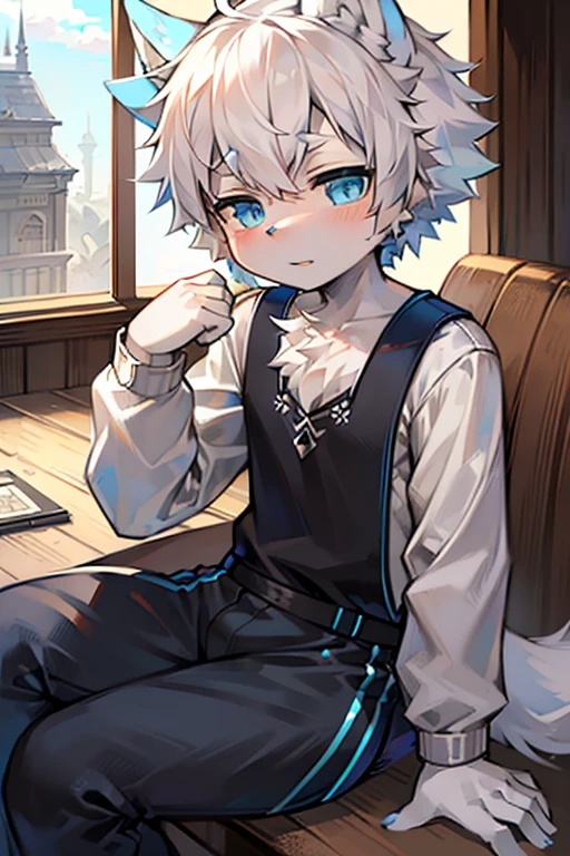 , White and blue fur, Shota, blue eyes, Messy hair, White hair, short hair, masterpiece, Very detailed,,,独奏,,beat,,Looking at the camera,Wolf's facial features,Blue hair,Wolf paw,Wolf Tail,Happy expression,Blue ears,,black,Detailed lighting,Standing,black卫衣,Blue shorts,sports shoes