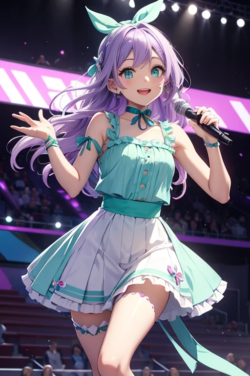 Light purple hair Green Eyes Idol Costumes Live Performance Venues smile Tank top style idol dress Frifry skirt Turquoise outfit Light blue ribbon on the left side of the head White knee-high Long Wavy Hair less muscular Ribbon choker around the neck Sing while running Don't show your belly button Wink The center of the outfit is white fabric and buttons. Frilly ribbon on the chest Sparkling