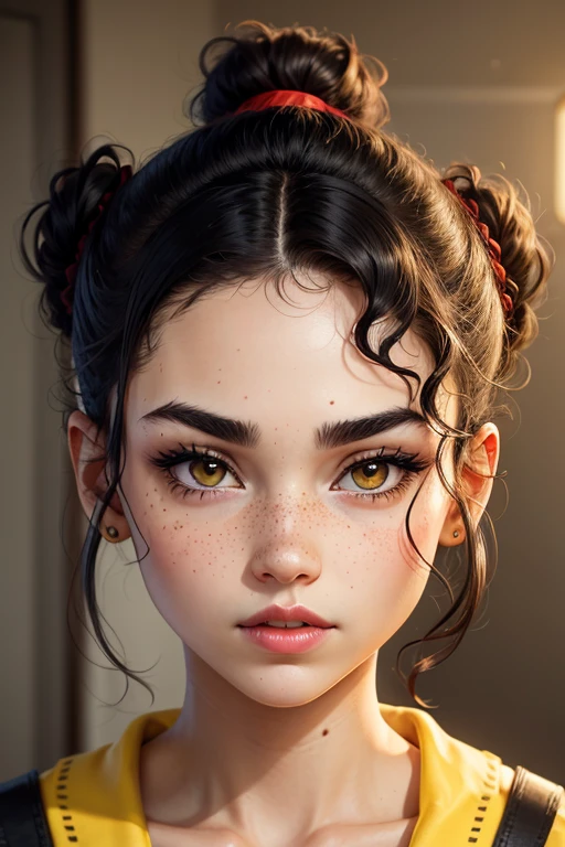 face .thick separated eyebrows .yellow eyes. thin nose big red lips freckles short black wavy hair with high bun