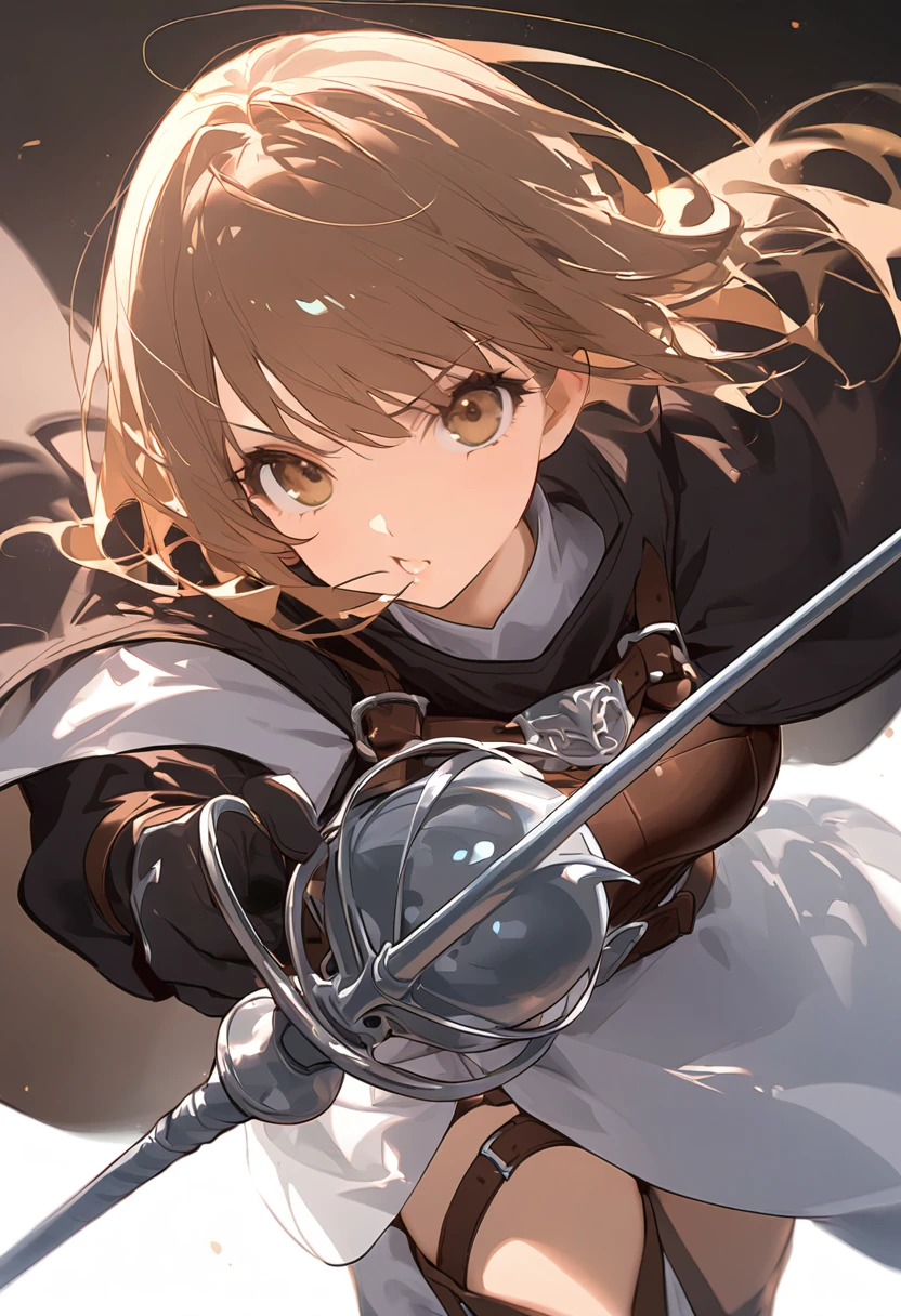 leather armor、Round Shield、Rapier、pale brown hair、Monastic uniform、White background