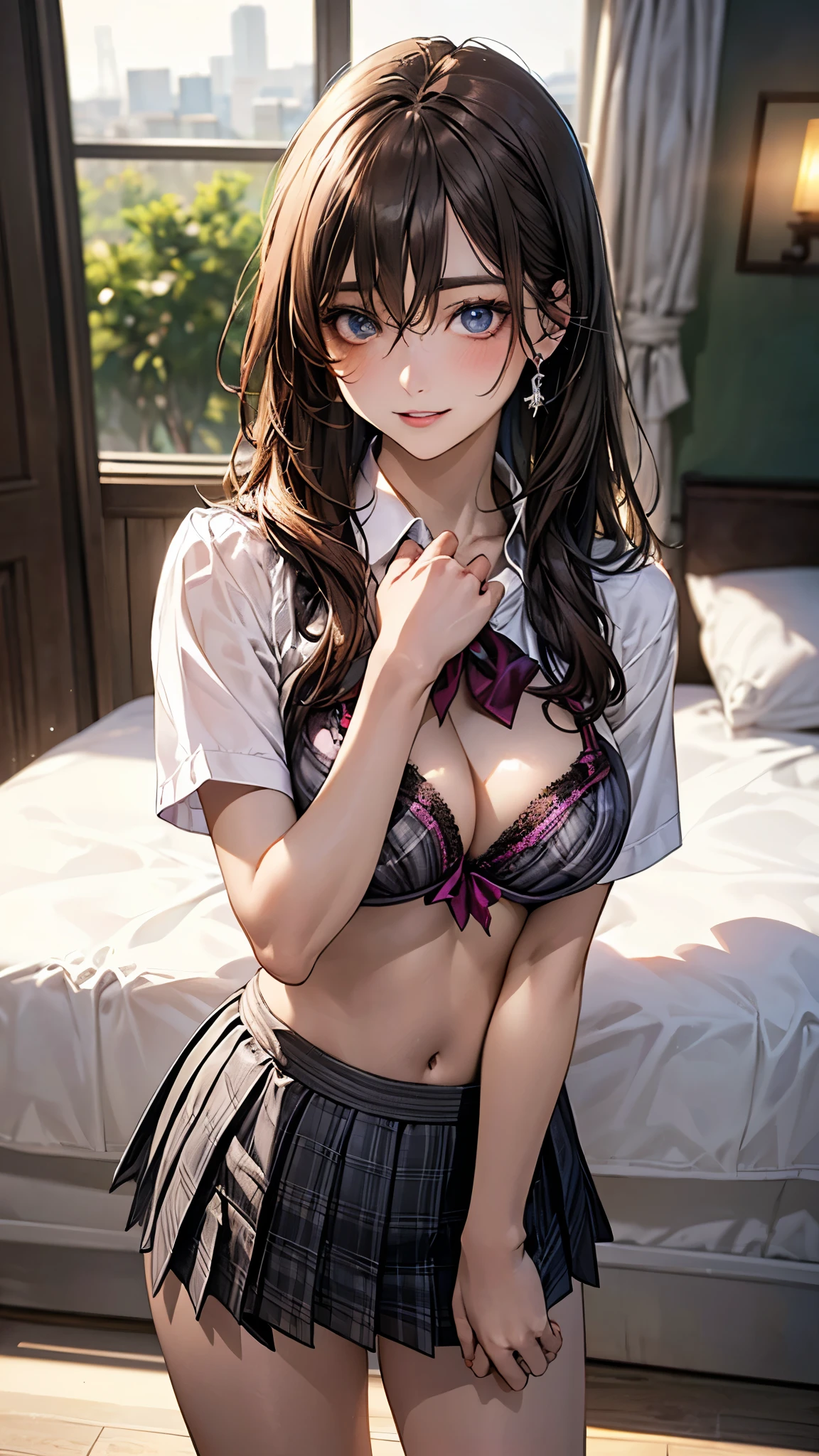 (masterpiece:1.2, top-quality), (realistic, photorealistic:1.4), beautiful illustration, (natural side lighting, movie lighting), depth of fields, nsfw,
beautiful detailed hair, beautiful detailed face, beautiful detailed eyes, beautiful clavicle, beautiful body, beautiful chest, beautiful thigh, beautiful legs,
looking at viewer, front view:0.6, 1 girl, , (perfect anatomy, anatomically correct, super detailed skin), cute and symmetrical face, perfect face, perfect eyes,
(long hair:1.5, half up, half updo, brownhair), bangs, hair between eyes, dark blue eyes, long eye lasher, (large breasts, seductive thighs), perfect body, shiny skin,
(transparent collared short-sleeved shirt, pink bra, school uniform, grey plaid pleated skirt), pink panties,
(beautiful scenery), evening, (dimly lit bedroom), standing, put your hand on your chest, hand during relash, (((grab the hem of the skirt))), (seductive smile, parted lips),