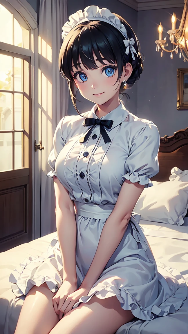 maid, maid headdress, striped dress, white apron, black ribbon,blonds color hair,BREAK looking at viewer, (cowboy shot:1.5), BREAK (masterpiece:1.2), best quality, high resolution, unity 8k wallpaper, (illustration:0.8), (beautiful detailed eyes:1.6), extremely detailed face, perfect lighting, extremely detailed CG, (perfect hands, perfect anatomy),---(beautiful anime face, cute face, detailed face), smile of joy, smiling expression, sitting on bed, cowboy shot, miniature human hand, (((medium bust 1.3))), (((thin thighs 1.3))), ((white walls bedroom 1.5)), ((white framed bed 1.5)), ((white ceiling bedroom 1.5)), ((divine light 1.5)), pure white chalk interior, pure white marble interior, ((Pure white bedroom like a Western castle: 1.5)), ((Luxurious pure white canopy bed: 1.4)), ((Chandelier: 1.4))), ((Pure white bed 1.5)), ((Beautifully decorated bedroom 1.5)), perfect anatomy, perfect proportions, nice lighting, bright colors, clean lines, information, blurred, stunning facial expression, restless emotions, gorgeous and cute, beautiful face and eyes in every detail, (masterpiece) beautiful face, young and handsome girl, really perfect skin, blurred, stunning facial expression, restless emotions, gorgeous and cute, beautiful face and eyes in every detail, (Audrey Hepburn), (cute), (J-POP idol), (thighs, (depth of field), (depth of field), soft light, glittering lens gaze, (droopy eyes), straight teeth, shy smile, flowing hair, a scene from Blake's movie,