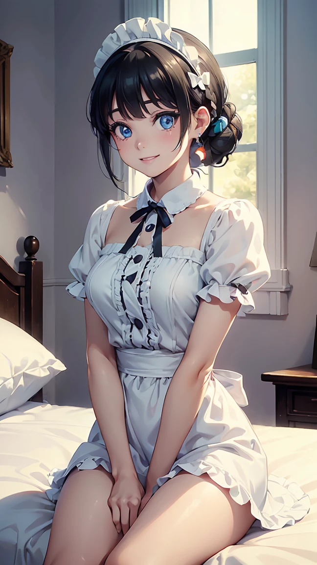 maid, maid headdress, striped dress, white apron, black ribbon,blonds color hair,BREAK looking at viewer, (cowboy shot:1.5), BREAK (masterpiece:1.2), best quality, high resolution, unity 8k wallpaper, (illustration:0.8), (beautiful detailed eyes:1.6), extremely detailed face, perfect lighting, extremely detailed CG, (perfect hands, perfect anatomy),---(beautiful anime face, cute face, detailed face), smile of joy, smiling expression, sitting on bed, cowboy shot, miniature human hand, (((medium bust 1.3))), (((thin thighs 1.3))), ((white walls bedroom 1.5)), ((white framed bed 1.5)), ((white ceiling bedroom 1.5)), ((divine light 1.5)), pure white chalk interior, pure white marble interior, ((Pure white bedroom like a Western castle: 1.5)), ((Luxurious pure white canopy bed: 1.4)), ((Chandelier: 1.4))), ((Pure white bed 1.5)), ((Beautifully decorated bedroom 1.5)), perfect anatomy, perfect proportions, nice lighting, bright colors, clean lines, information, blurred, stunning facial expression, restless emotions, gorgeous and cute, beautiful face and eyes in every detail, (masterpiece) beautiful face, young and handsome girl, really perfect skin, blurred, stunning facial expression, restless emotions, gorgeous and cute, beautiful face and eyes in every detail, (Audrey Hepburn), (cute), (J-POP idol), (thighs, (depth of field), (depth of field), soft light, glittering lens gaze, (droopy eyes), straight teeth, shy smile, flowing hair, a scene from Blake's movie,