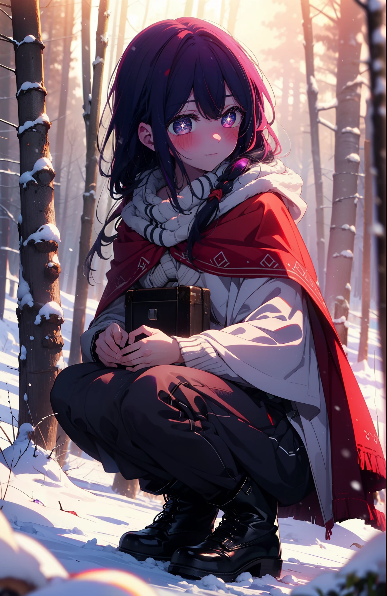 aihoshino, Ai Hoshino, Long Hair, bangs, (Purple eyes:1.1), Purple Hair, (Symbol-shaped pupil:1.5), smile,,smile,blush,white breath,
Open your mouth,snow,Ground bonfire, Outdoor, boots, snowing, From the side, wood, suitcase, Cape, Blurred, , forest, White handbag, nature,  Squat, Mouth closed, Cape, winter, Written boundary depth, Black shoes, red Cape break looking at viewer, Upper Body, whole body, break Outdoor, forest, nature, break (masterpiece:1.2), Highest quality, High resolution, unity 8k wallpaper, (shape:0.8), (Beautiful and beautiful eyes:1.6), Highly detailed face, Perfect lighting, Extremely detailed CG, (Perfect hands, Perfect Anatomy),