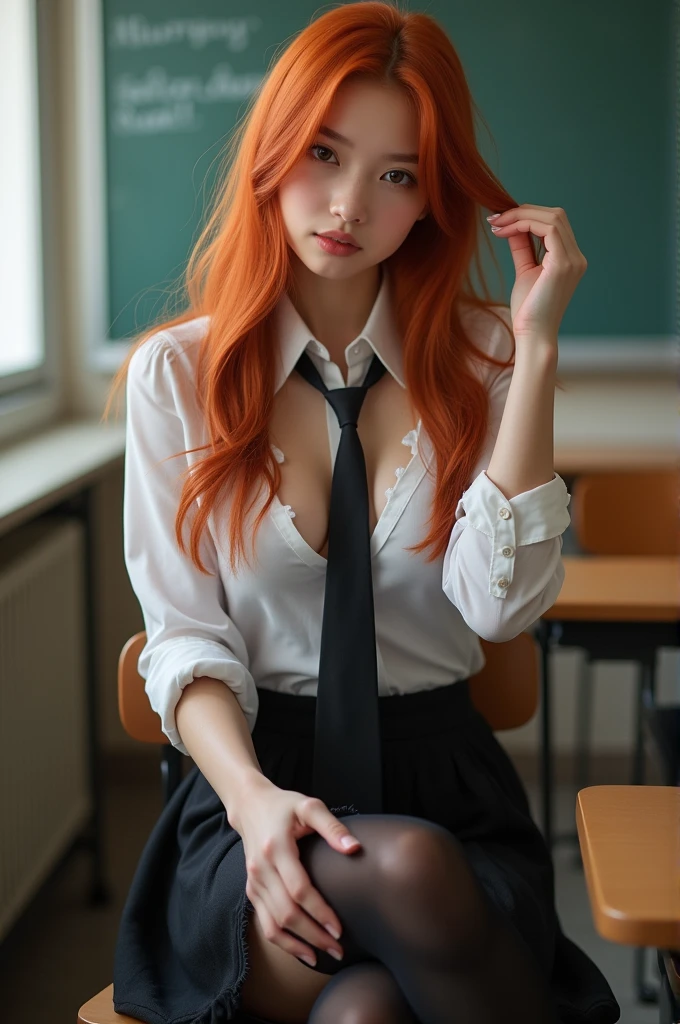 ultra realistic, photography, long red hair, girl, 24 years old, hourglass figure, perfect body, small breasts, Flirty look, blur background, wearing a school girl outfit (open blouse with cleavage, skirt, black opaque thigh socks, a tie), sitting in classroom, sitting on a chair behind her desk, looking sedcutively, playing with a strand of her hair, she has her legs crossed,