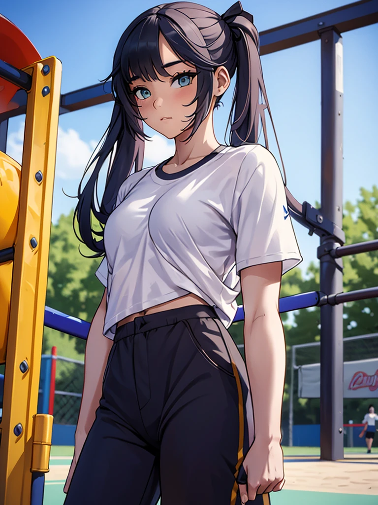 (mona), 1girl, as an athlete, wearing a sports t-shirt and pants, at a playground, Mona's hair style , 8k, high detailed, high quality