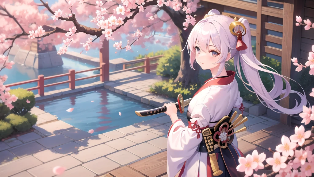 Cute samurai girl with sword, Cherry blossom tree in the background