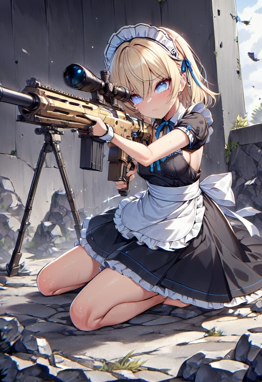 ((Highest quality:1.6)), ((Ultra-high resolution:1.6)), ((Masterpiece:1.6)), (Very detailed:1.6), (Perfect Face:1.6), (Detailed illustrations:1,4), (Perfect Eyes:1.6), (Detailed eyes:1.4), (Perfect Anatomy), girl, cute, (The cuteness of an angel, Mouth is open, ), (Blonde, Small breasts, Black Dress, White apron, Blue ribbon, Apron dress, Classic maid outfit, shoes, barefoot, Long:1.4), (Sniper from the walls, sniper rifle:1,4), Castle Defense, (Looking through the scope, ready to shoot, Aiming for prey, Low posture, Side angle, Obstacles such as low rocks and walls:1.4), (Barret M82:1,4), Sniper Rifle, profile, Gunfight, (Stains on clothes:1,4), (Dirty with ash and soot:1,4), (Tearing of clothes:1.2), Cry,
