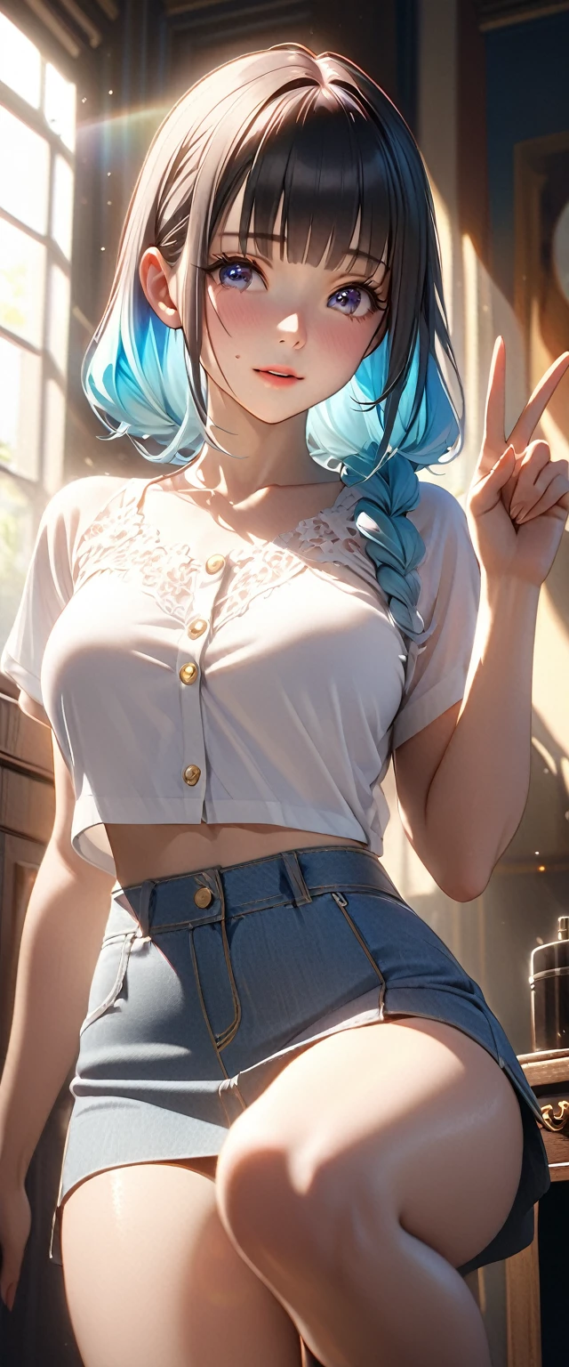 Masterpiece、最high quality、high quality、High definition、High resolution、High detail、Lens flare、Ray tracing method、high qualityの質感、high qualityの影、Beautiful details、Detailed and delicate、Detailed texture、Realistic facial expression、Realistic and colorful、Delicate、Cinematic Light、Side light、Sharp Focus、(1 woman:1.3)、(Intricate details、Makeup、Pure Eros Face_v1:0.5)、(Details Beautiful delicate face、Detailed beautiful delicate eyes、Perfect Facial Proportions、Detailed skin、Charm)、fancy hairstyles、Beautiful bangs、(Two-tone gradient hair color）、slender、(Upturned beautiful breasts)、Raise your arm and make a peace sign、(Detailed crotch、Showing off your crotch)、Female juice、(Experiencing the best orgasm)、(Light-colored V-cut、Light-colored thong)、(Thigh mini skirt、Low-rise mini skirt)、(Front-button short-sleeve shirt、Crop top)、(The wind blows and sways、 roll up)、Low-angle composition