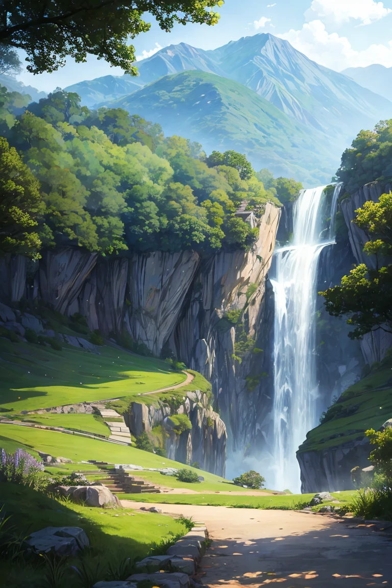 A natural Landscape with beautiful greenery in Midjourney manga style 