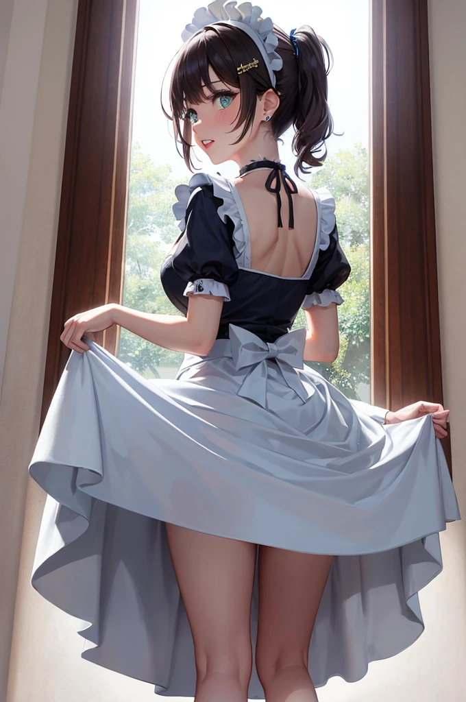 Arafed image of a beautiful girl dressed as a maid and white stockings, anime girl, she looks back, she shows her back, royal blue maid uniform with miniskirt and ruffles, short sleeves, choker with a blue bow, white apron, low-cut chest, large round breasts, colored inner hair, dark brown hair, bangs, long hair, ponytail, wavy hair, swept bangs, shiny hair, hairclip, hair ribbon, maid headdress, butterfly hair ornament, aqua eyes, glowing eyes, pupils sparkling, earrings, shy, blush, red lips, glossy lips, teeth, nose blush, embarrassed, (standing, modern mansion, skirt lift), you can see her panties, nice round buttocks, white lingerie with pretty lace, view from behind, her skirt accidentally rises, upskirt, full body, defined and perfect body, high detail, anime, anime style, chiaroscuro, depth of field, dithering, image fill, framed, wide shot, panorama, perspective, lens flare, Wide-Angle, f/1.8, 85mm, Nikon, 8k, super detail, UHD, retina, masterpiece, accurate, anatomically correct, high details, best quality, highres, 1080P, 16k