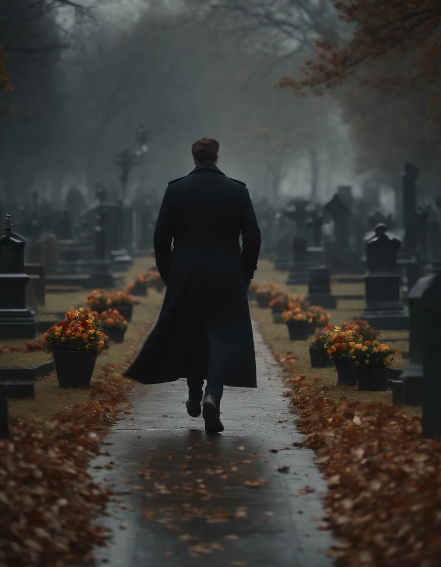 a worried man with short brown hair, wearing a long black trench coat, holding a bouquet of flowers, running through a cemetery on a dark cloudy day, motion blur, falling leaves, mist, (best quality,4k,8k,highres,masterpiece:1.2),ultra-detailed,(realistic,photorealistic,photo-realistic:1.37),highly detailed facial features,extremely detailed eyes and face,longeyelashes,dramatic lighting,moody atmosphere,cinematic composition,emotional,somber,melancholic