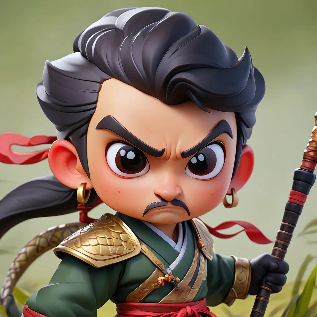 Q version,Two-dimensional character design,2 head body character,Zhang Fei,male,Fierce expression,45 degree side,front,back,game character,Three Kingdoms Characters,Zhangba Snake Spear