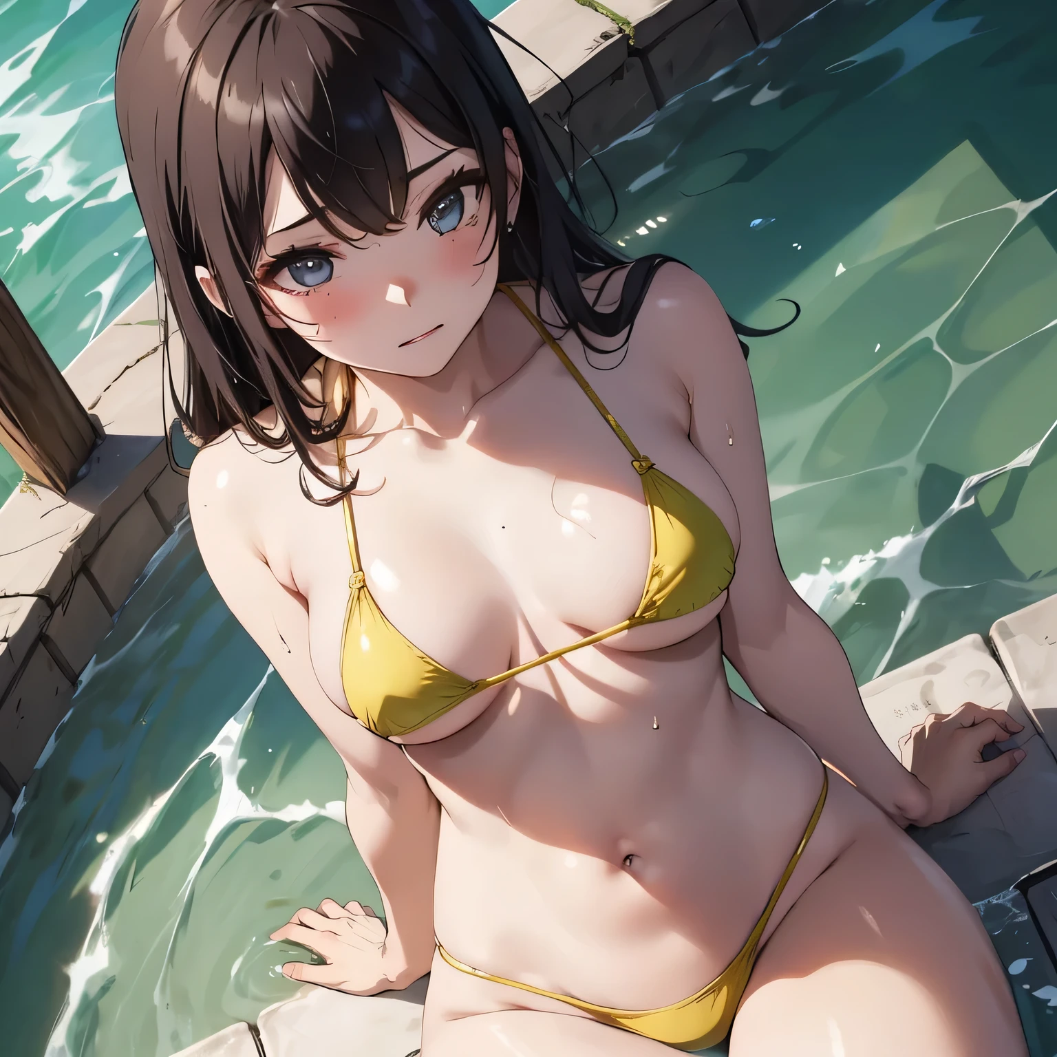 POV, NSFW:1.2, ((1 beauty:1.2)), , (1 Girl frolicking:1.4), Slightly tanned girl,Very light purple eyeshadow, ((nipples:1.2)), ((((pointy breasts:1.6)))), ((middle Breasts separated to the left and right:1.5)), (plump body), Sexy expression, (black long hair:1.2), (POV's hand lifts her T-shirt:1.4), ((lift up yellow lime green micro bikini:1.2)), (Watery Big Eyes), Beautiful constriction, (Flustered expression), embarrassed from, long eyelasher, Blush, in poolside, Wet whole body, (dishevled hair:1.2),(Zoom & Dynamic Angle shot:1.2)