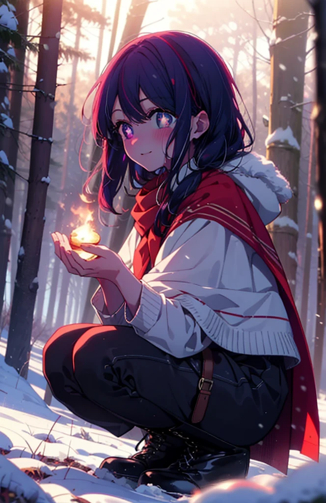 aihoshino, Ai Hoshino, Long Hair, bangs, (Purple eyes:1.1), Purple Hair, (Symbol-shaped pupil:1.5), smile,,smile,blush,white breath,
Open your mouth,snow,Ground bonfire, Outdoor, boots, snowing, From the side, wood, suitcase, Cape, Blurred, , forest, White handbag, nature, Squat, Mouth closed, Cape, winter, Written boundary depth, Black shoes, red Cape break looking at viewer, Upper Body, whole body, break Outdoor, forest, nature, break (masterpiece:1.2), Highest quality, High resolution, unity 8k wallpaper, (shape:0.8), (Beautiful and beautiful eyes:1.6), Highly detailed face, Perfect lighting, Extremely detailed CG, (Perfect hands, Perfect Anatomy),