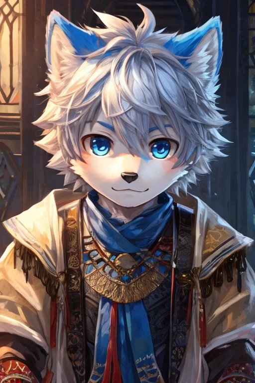 , White and blue fur, Shota, blue eyes, Messy hair, , short hair, masterpiece, Very detailed,,,独奏,,beat,,Looking at the camera,Wolf's facial features,,Wolf paw,Wolf Tail,Happy expression,Blue ears,,black,Detailed lighting,Standing,black卫衣,sports shoes,whole body