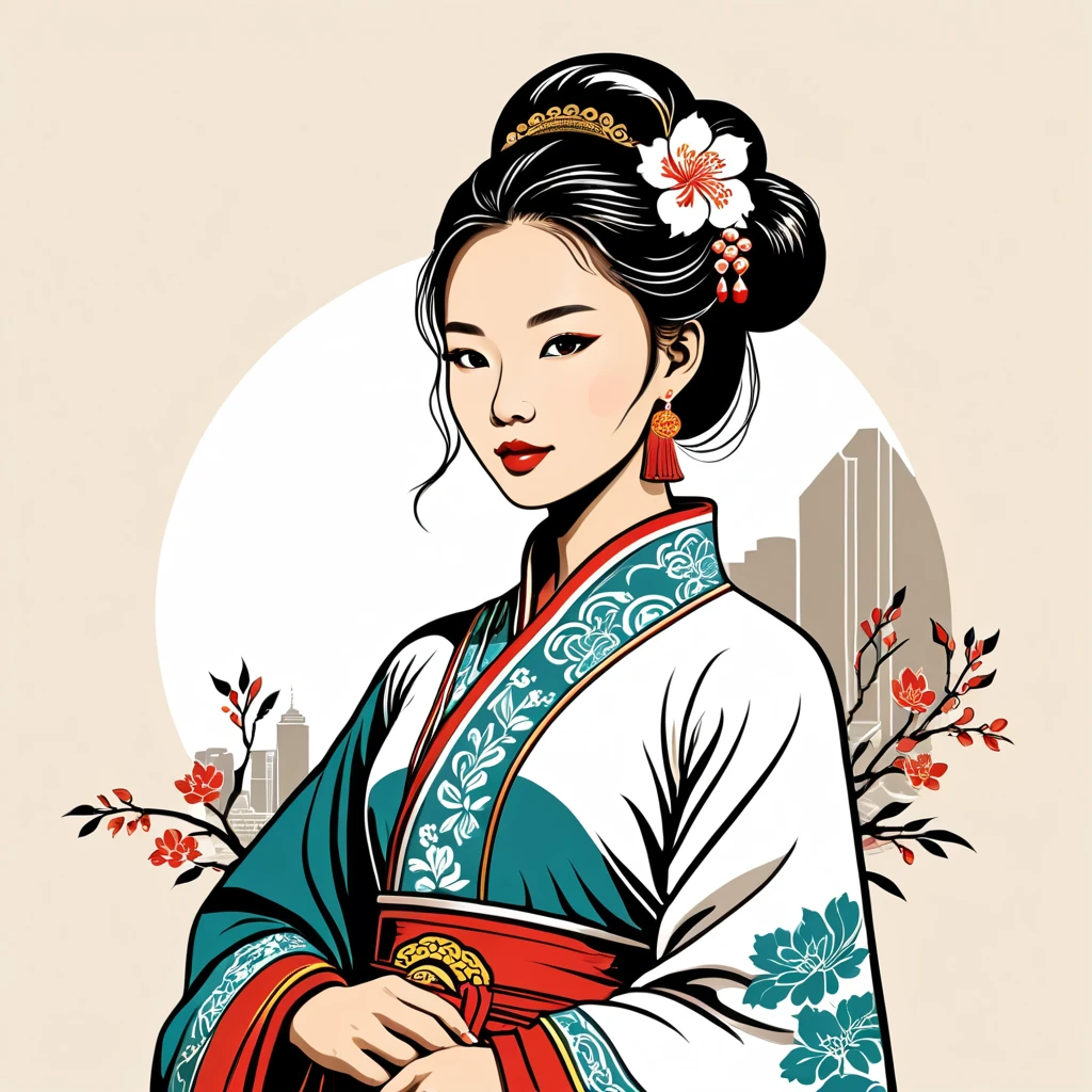 woman in hong kong folk outfit, vector graphics, strong contours