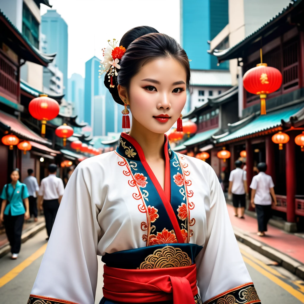 woman in hong kong folk outfit, vector graphics, strong contours
