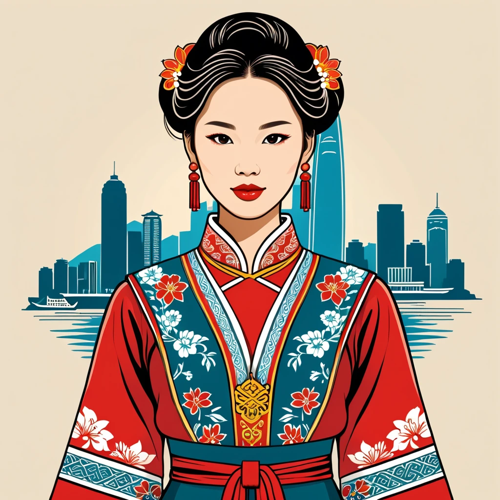 woman in hong kong folk outfit, vector graphics, strong contours