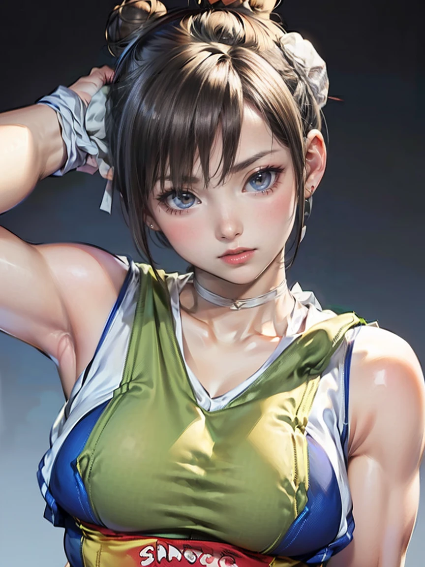 masterpiece、Highest quality、(Realistic:1.4)、(woman、Singlets:2)、(Very short hair、Hair Bun、hair accessory:1.9)、Chun-Li&#39;s Outfit、Street Fighter Chun-Li，(Thigh-mounted holster:1.4)、(Pitch black underground passage:1.4)、(Combat Stance、Spread your legs、Raise your legs:1.4)、(Sexy thighs:1.2)、(From below:1.4)