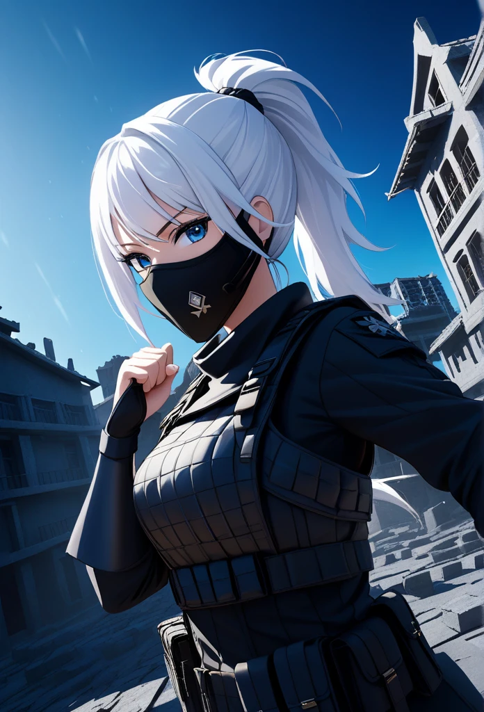 a highly detailed photo of a female soldier with white hair in a ponytail, wearing a tactical face mask, an assassin outfit, blue eyes, on a black background, blue flames emitting from her fist, surrounded by a battlefield with buildings,wide angle view, cinematic composition, hyper realistic, 8k, masterpiece, volumetric lighting, dramatic shadows, intricate details, photorealistic