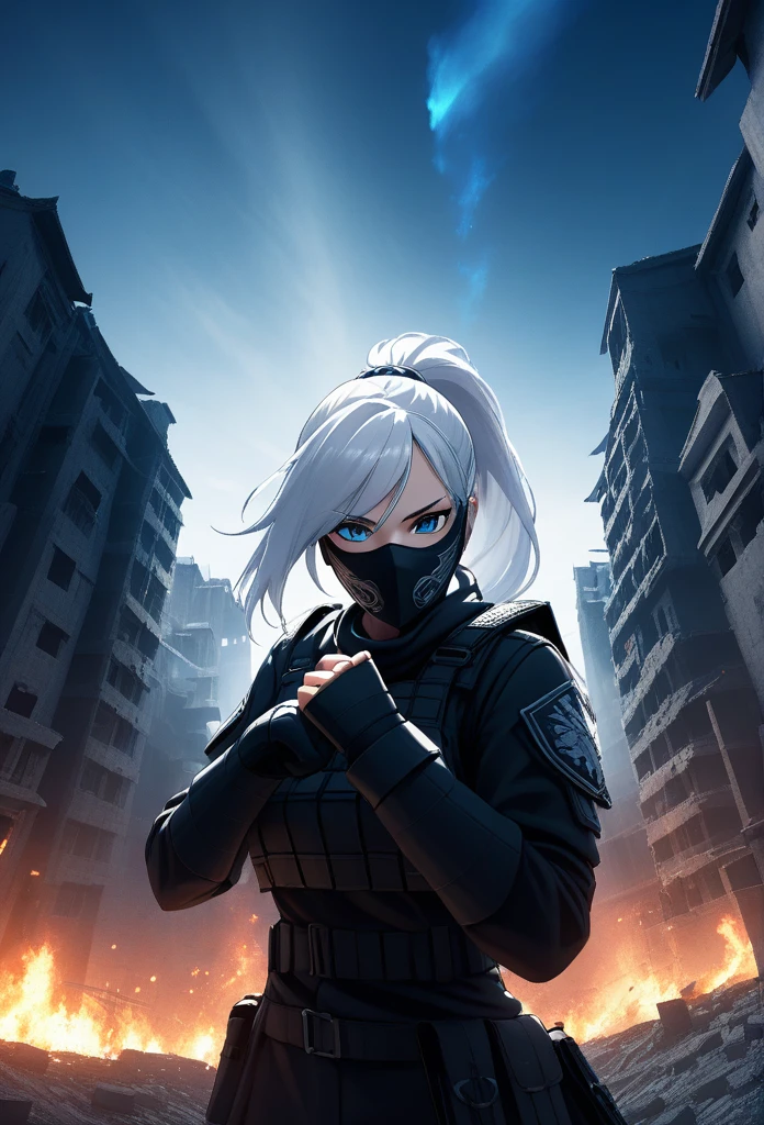 a highly detailed photo of a female soldier with white hair in a ponytail, wearing a tactical face mask, an assassin outfit, blue eyes, on a black background, blue flames emitting from her fist, surrounded by a battlefield with buildings,wide angle view, cinematic composition, hyper realistic, 8k, masterpiece, volumetric lighting, dramatic shadows, intricate details, photorealistic