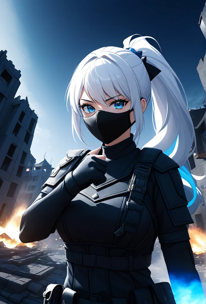 a highly detailed photo of a female soldier with white hair in a ponytail, wearing a tactical face mask, an assassin outfit, blue eyes, on a black background, blue flames emitting from her fist, surrounded by a battlefield with buildings,wide angle view, cinematic composition, hyper realistic, 8k, masterpiece, volumetric lighting, dramatic shadows, intricate details, photorealistic