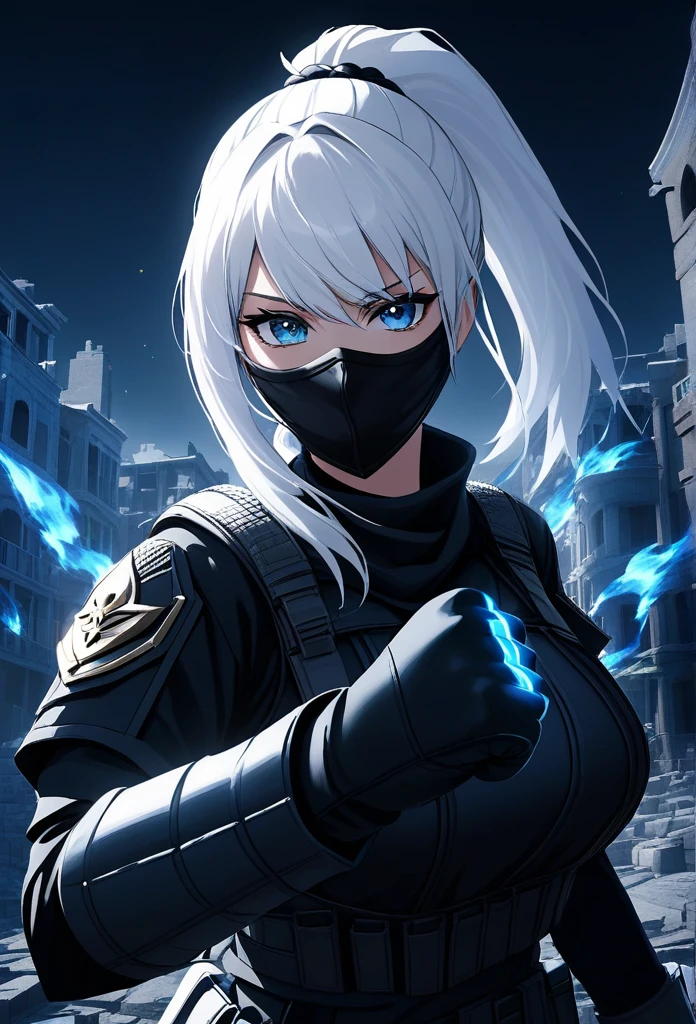 a highly detailed photo of a female soldier with white hair in a ponytail, wearing a tactical face mask, an assassin outfit, blue eyes, on a black background, blue flames emitting from her fist, surrounded by a battlefield with buildings,wide angle view, cinematic composition, hyper realistic, 8k, masterpiece, volumetric lighting, dramatic shadows, intricate details, photorealistic