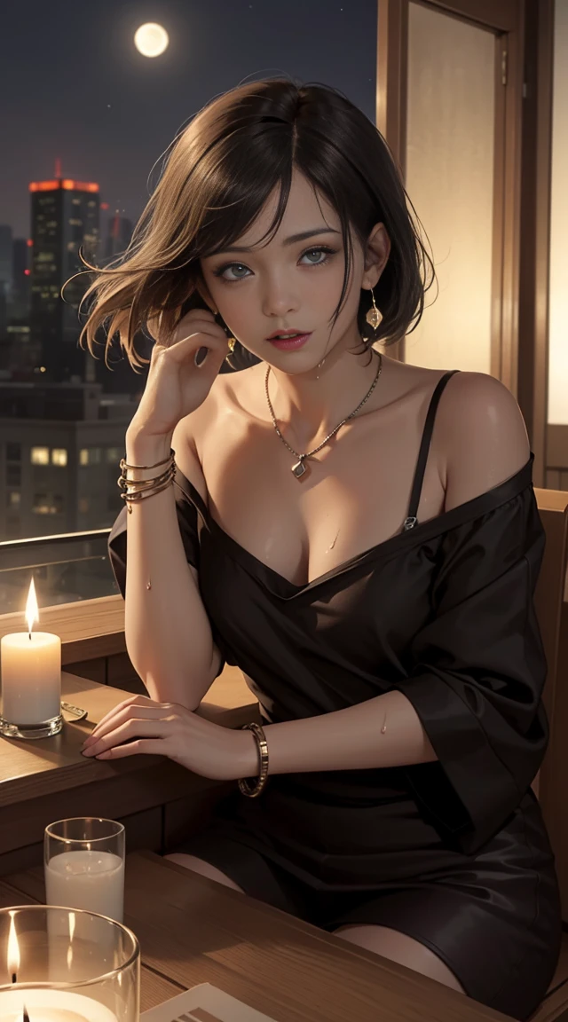 (32k:1.5, Highest quality, masterpiece, Ultra-high resolution), Professional camera work:1.6, Highly detailed skin and face textures:1.3, Captivating portrait:1.2, Very accurate, Very detailed, 2 adult females:1.0, ((Amazing night view from the rooftop:1.4, The moonlight at night illuminates my body)), (Satin Nightgown:0.7) Sensual sitting position, sense of loss, sorrow, Expression of sorrow, Short black hair ,beautiful eroticism:0.4, Beautiful face, A dreamy look:1.0, I love you with all my heart:0.8, Please open your mouth a little, lipstick, Feel the beautiful eroticism:0.9), (Wet dark brown medium length hair), Candles, Earrings, necklace, bracelet, (romantic, mysterious), Fair skin, elegant, Object of admiration, original, dramatic, Artistic, Innovative, charm, Heartful, Fancy, sense of openness, sense of cleanliness, special, exciting, Extreme, Tilt, ((Adult charm, Feminine charm, Hair blowing in the wind) NSFW