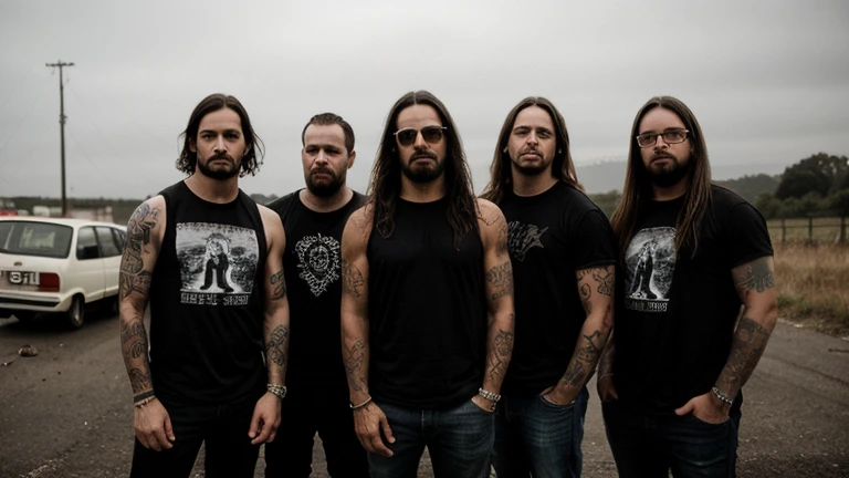 5 men, 1 man, Brown hair, good man, glasses, barba hipster, flannel shirt, Tez blanca, marked muscles, strong. 1 man, Tez blanca, calvo, hairless, goatee larga, long goatee, dark glasses, sleeveless t-shirt, marked muscles, strong. 1 man, cap, dark glasses, light tan, barba, military green t-shirt, strong, low. 1 man, Long dreadlocks, light tan, black t-shirt, Without beard, big. 1 Tez blanca, man long black hair, a mustache and beard, black t-shirt, big, very high, strong, (threatening look, air of violence, rock band promotion poses, wide angle, complete bodies), group photo, grunge band promotional photo, dark setting, promotional photo in the middle of a car junkyard, for advertising photography of a rock band, aggressive look, heavy rock band, slaughterhouse, band promotion, Profile picture, pro life, promotional photo of the band, threatening look, Photoshoot, abandoned city, promotional shot, proto-metal band promotion, by Nándor Katona, fog, gloomy, Sunset, dark,