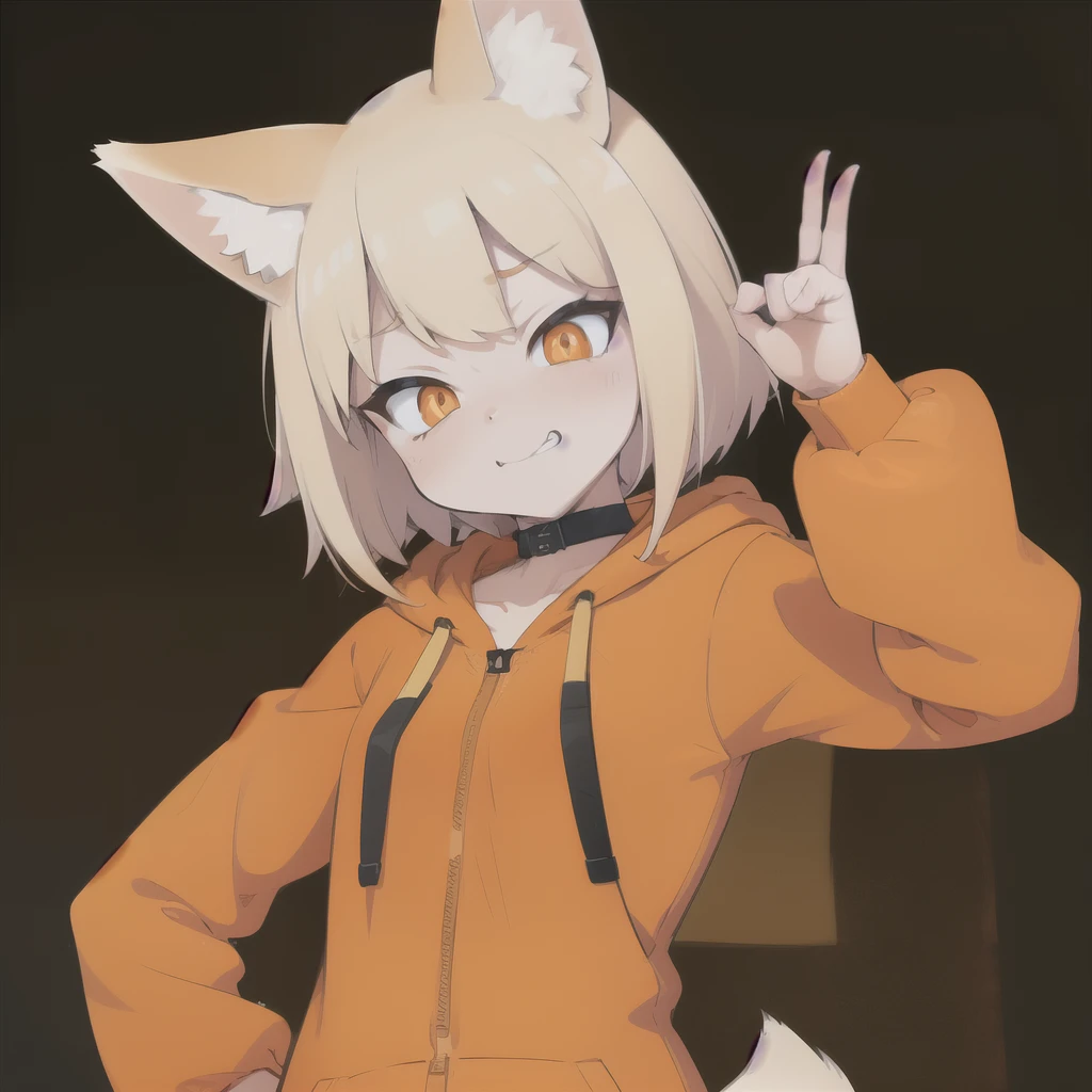 ((masterpiece)), (high quality), orange hoodie, fennec fox hoodie, teenage femboy, female hair, small, cute, fennec fox jumpsuit, pastel brown haired, wink, orange pupils, fake fox tail, cat pose, mischevious grin, left side pov