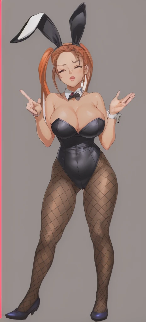 Jessica, who has big breasts and beautiful legs, is wearing a black high-cut bunny suit and fishnet stockings and is blowing a kiss with her eyes closed.。