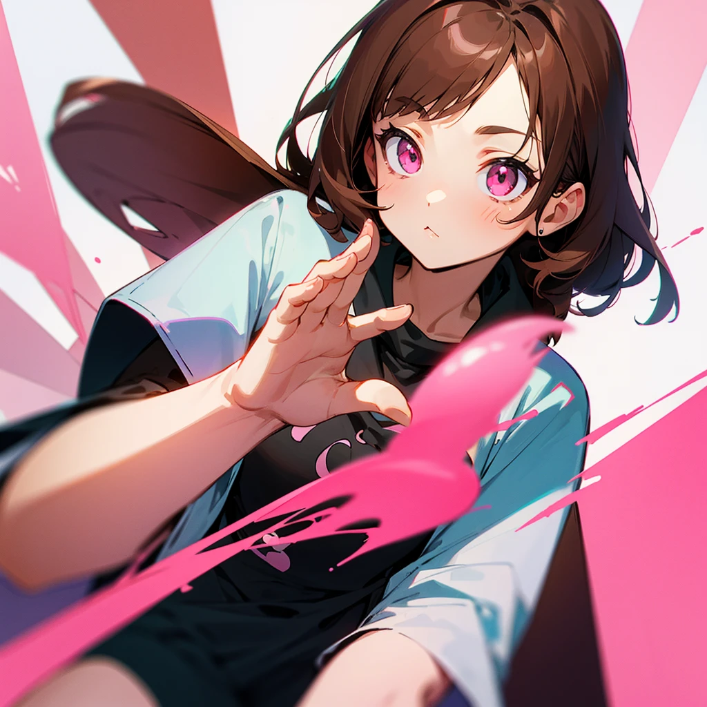 Create an image of a character with brown hair and pink eyes who is doing a very kawaii pose