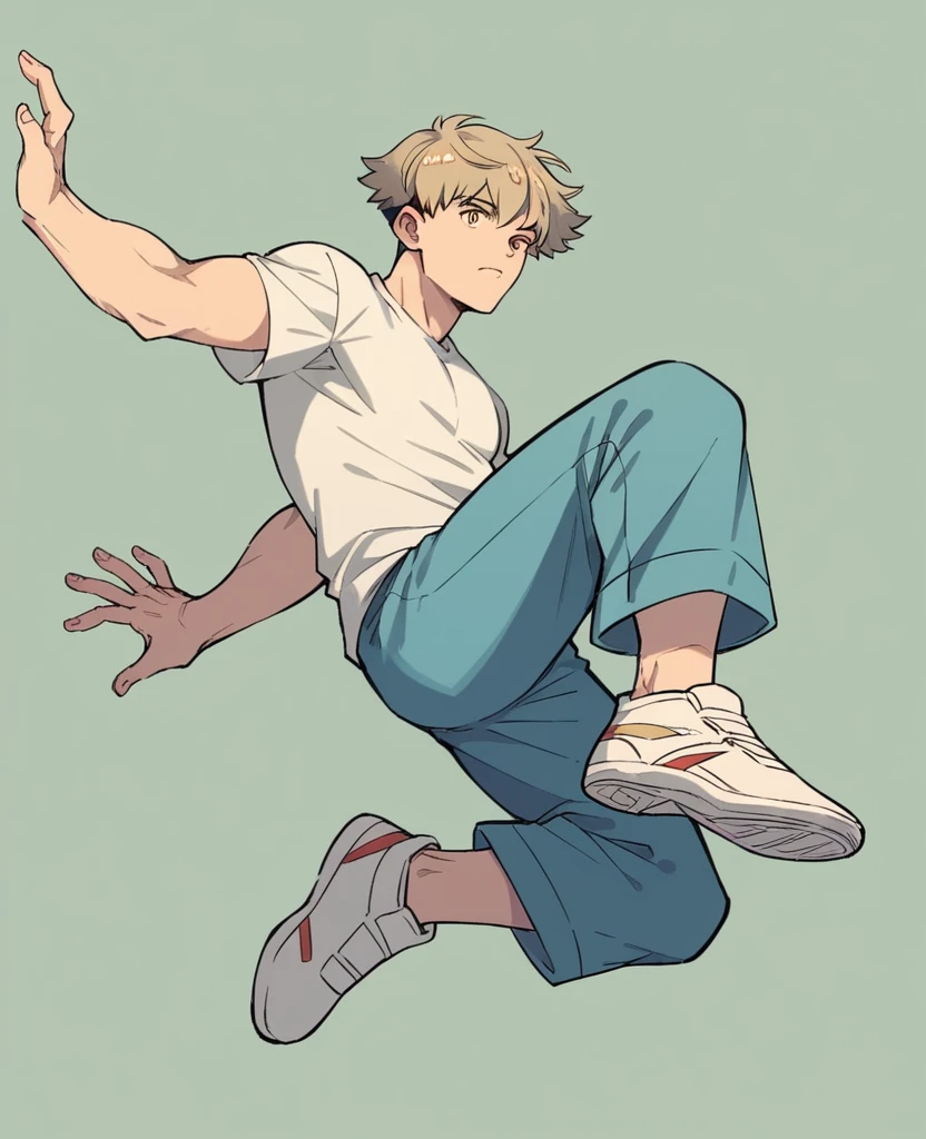 Human Male, Brown  side fringe Hairstyle , white t-shirt, blue Pants  ,falling  poses ,Full body , pokémons In the background 