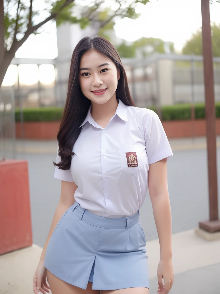 1girl, solo, 19 years old, (uniform), detailed Metropolitan city at the background, portrait, thick breasts, semi-curvy body, smooth realistic skin, cute smile, white shirt, grey blue short skirt, looking at the audience, high angle shot,(8k, RAW photo, best quality, masterpiece: 1.3), (realistic, realistic: 1.37), ultra-high resolution, cowboy shot