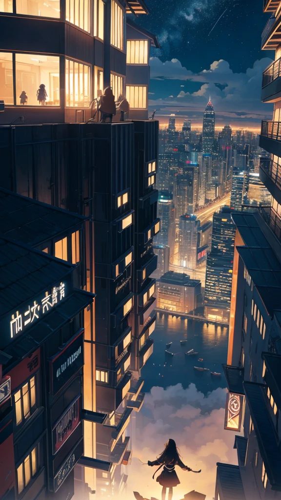 Octane, null, star (null), scenery, starnull, dawn, One girl, 夜null, alone, Outdoor, building, cloud, milky way, wood, Long Hair, city, silhouette, cityscape,Asahi,Start of the day