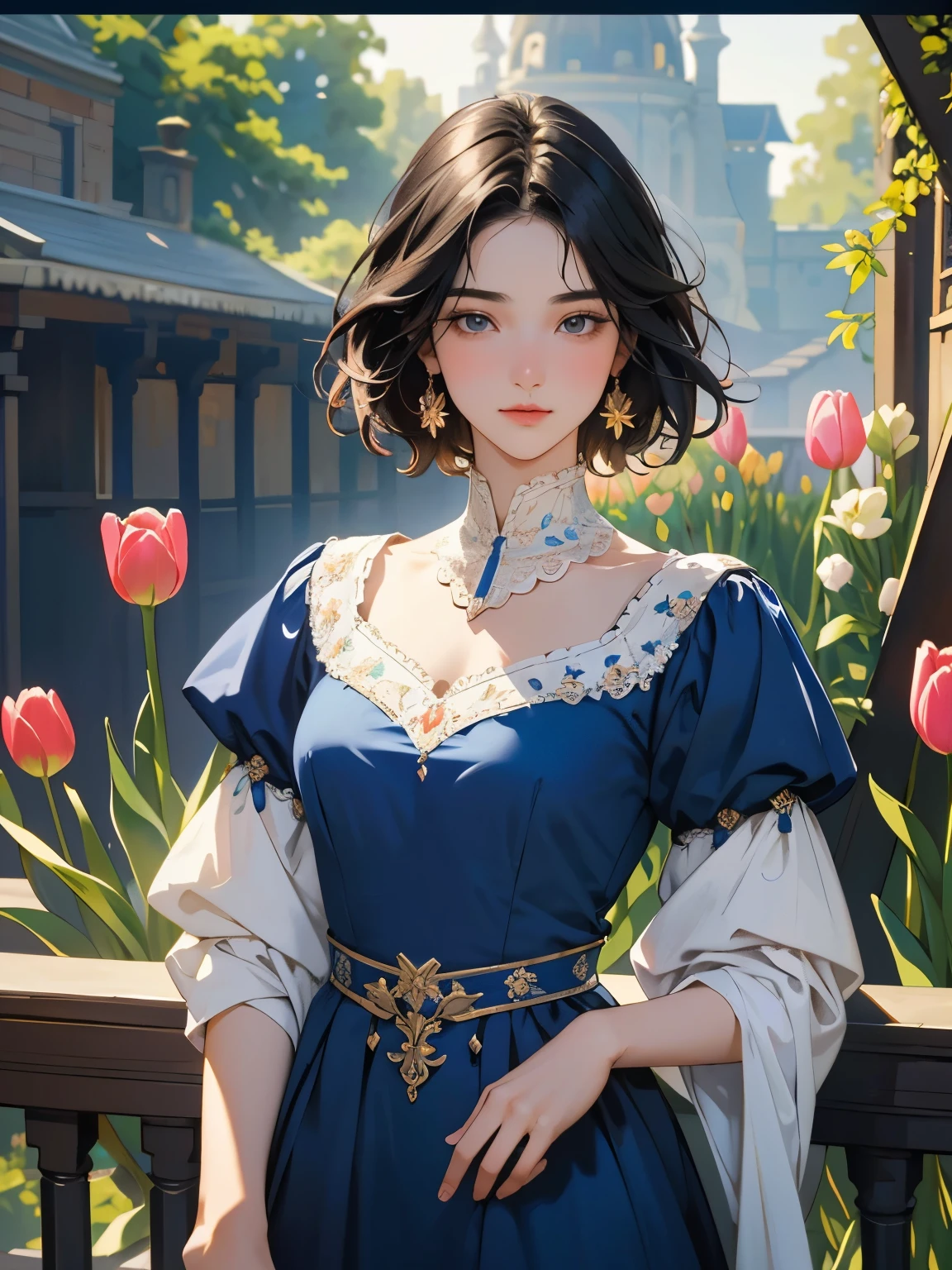 (masterpiece), (Highest quality), Oil, Classical painting, (A beautiful young Dutch trading post chief in the 18th century), (Whole Body), Are standing, Portraiture, Exposing shoulders, (Beautiful dress decorated with lace and embroidery :1.2), (Tulips filling the balcony々:1.4), (Sargent Oil painting)、(Highest quality、masterpiece)、 Realistic， Photorealist，alone，Beautiful Face、A vivid face、Black-haired、short hair、Beautiful hairstyle、 Realistic Skin、Beautiful Skin、Charm、 Upper Body，detailed，Dark Background，Backlight、Soft Light、Inspired by Edmund Leighton,