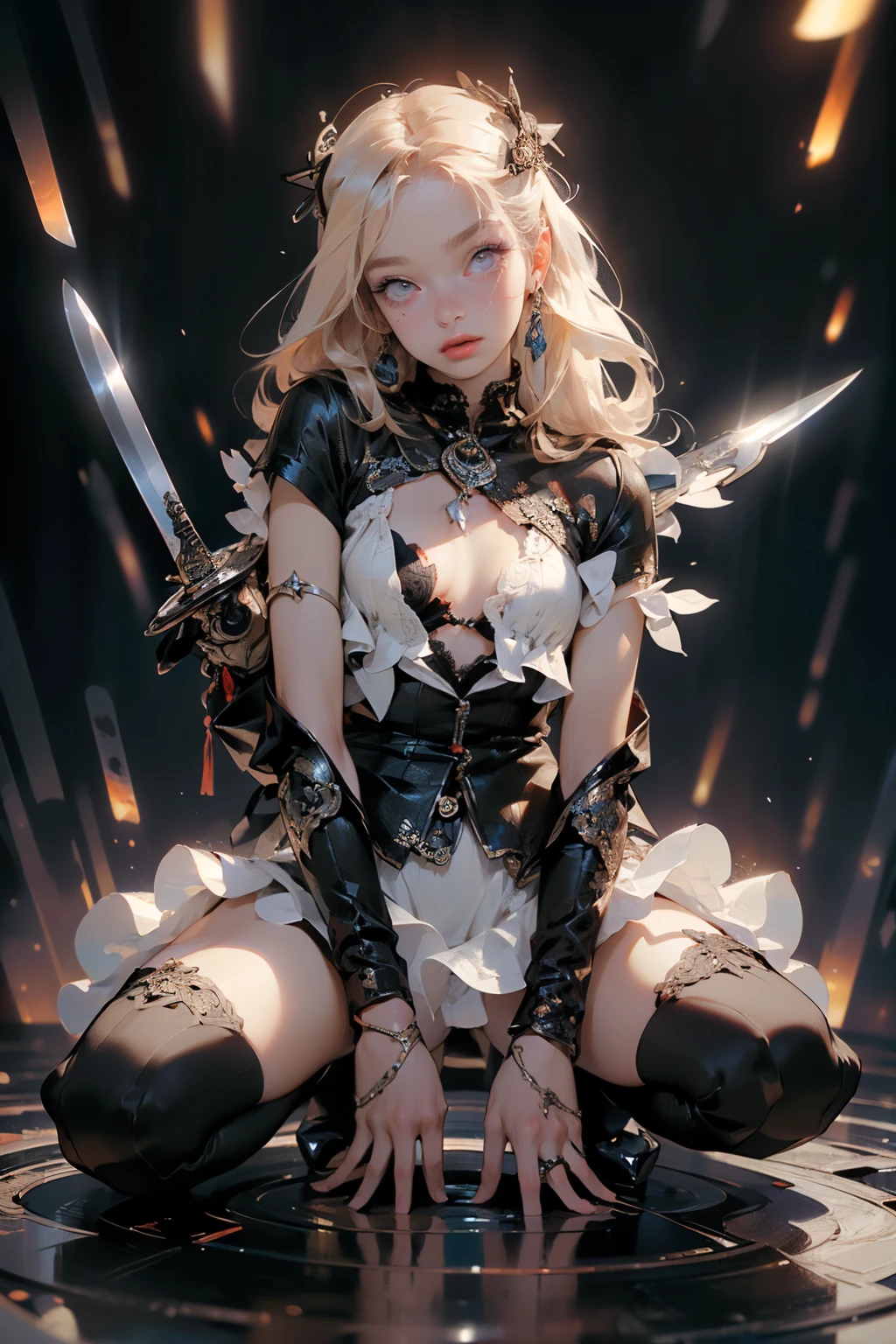 (((masterpiece, of the highest quality, super detailed))), (a female knight of an occult order), ((((wielding a sword with a digital glitch-like effect to the blade as though it is rapidly flickering in and out of reality with a very slight warping effect around it similar to gravitational lensing)))), Edwardian/Victorian era inspired, ((minimal but intricate beautiful armour)), Fluttering lace flared dress with frilly petticoats, ((((Highly detailed face))), (((Very sharp focused eyes))), very long eyelashes, small breasts, (((flat chest:1.1))), occult aesthetic, (red and white clothing detailed and intricate steampunk and detailed gothic), (with a hood), complex lace boots