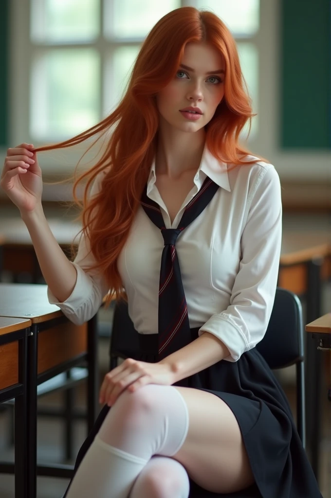 ultra realistic, photography, long red hair, irish girl, 24 years old, hourglass figure, perfect body, small breasts, Flirty look, blur background, wearing a school girl outfit (open blouse with cleavage, skirt, white opaque thigh socks, a tie), sitting in classroom, sitting on a chair behind her desk, looking sedcutively, playing with a strand of her hair, she has her legs crossed, 