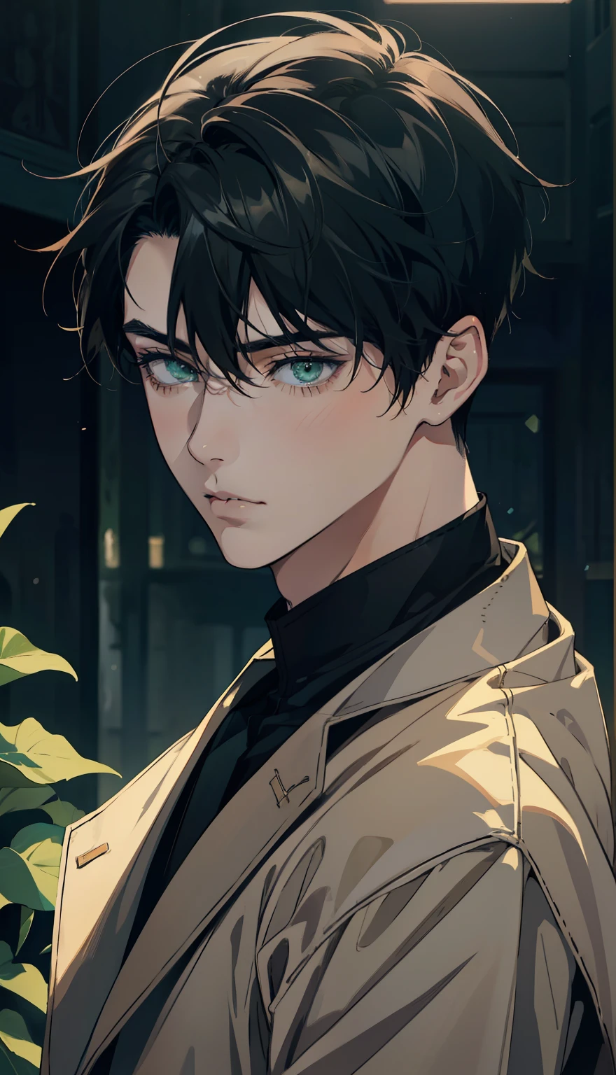 1 boy，male，young people，pale boy，portrait，Low screen contrast，high brightness，black hair，green light eyes，soft light lighting，young alpha, anime art, manhwa art, Impressionism, movie lighting, close up, ultra high definition, masterpiece, high detail