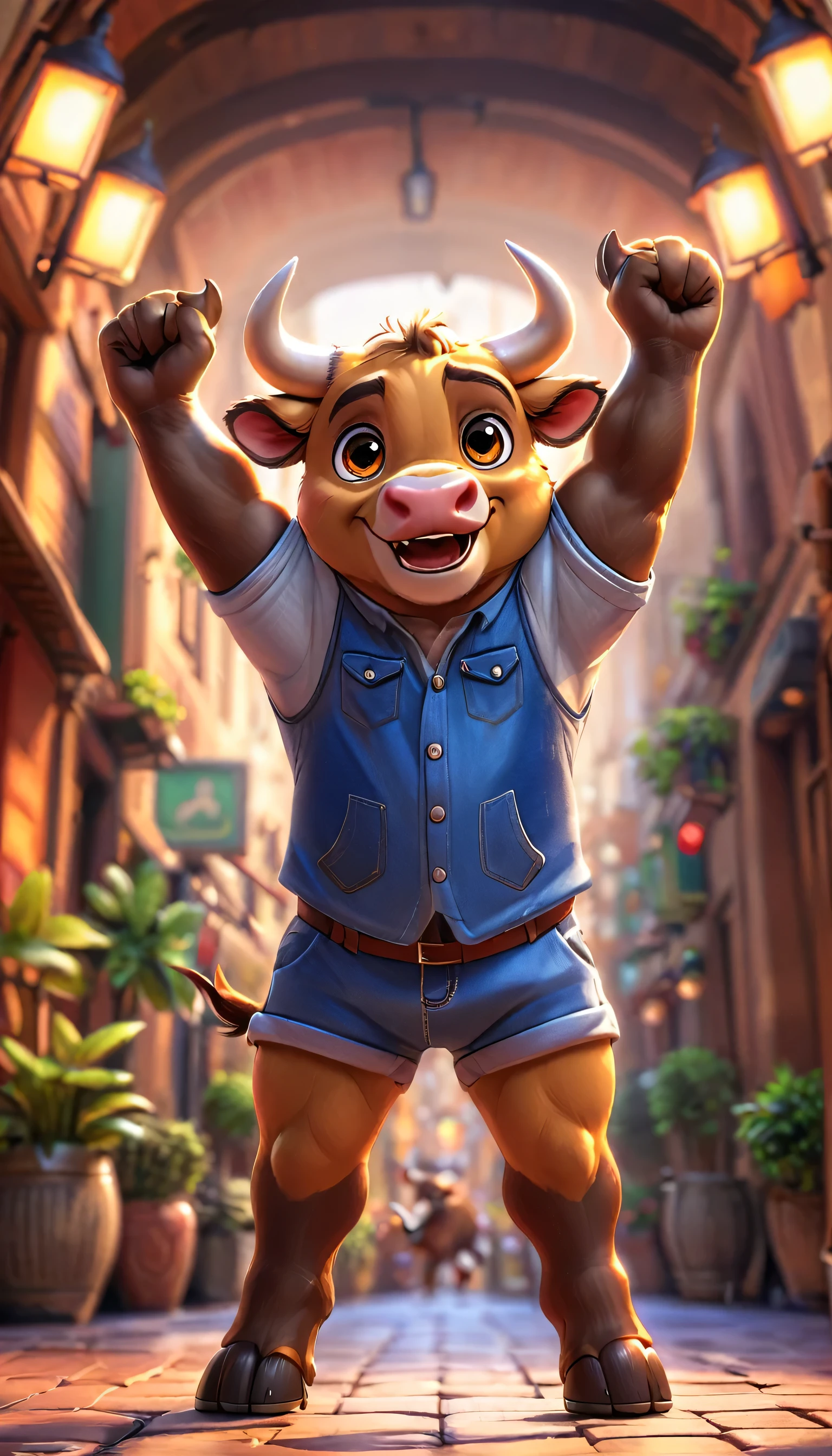 cute bull, cartoon , arms up, hands ,cute eyes, looking at viewer, bull ears, full body, legs, reflex, clothes