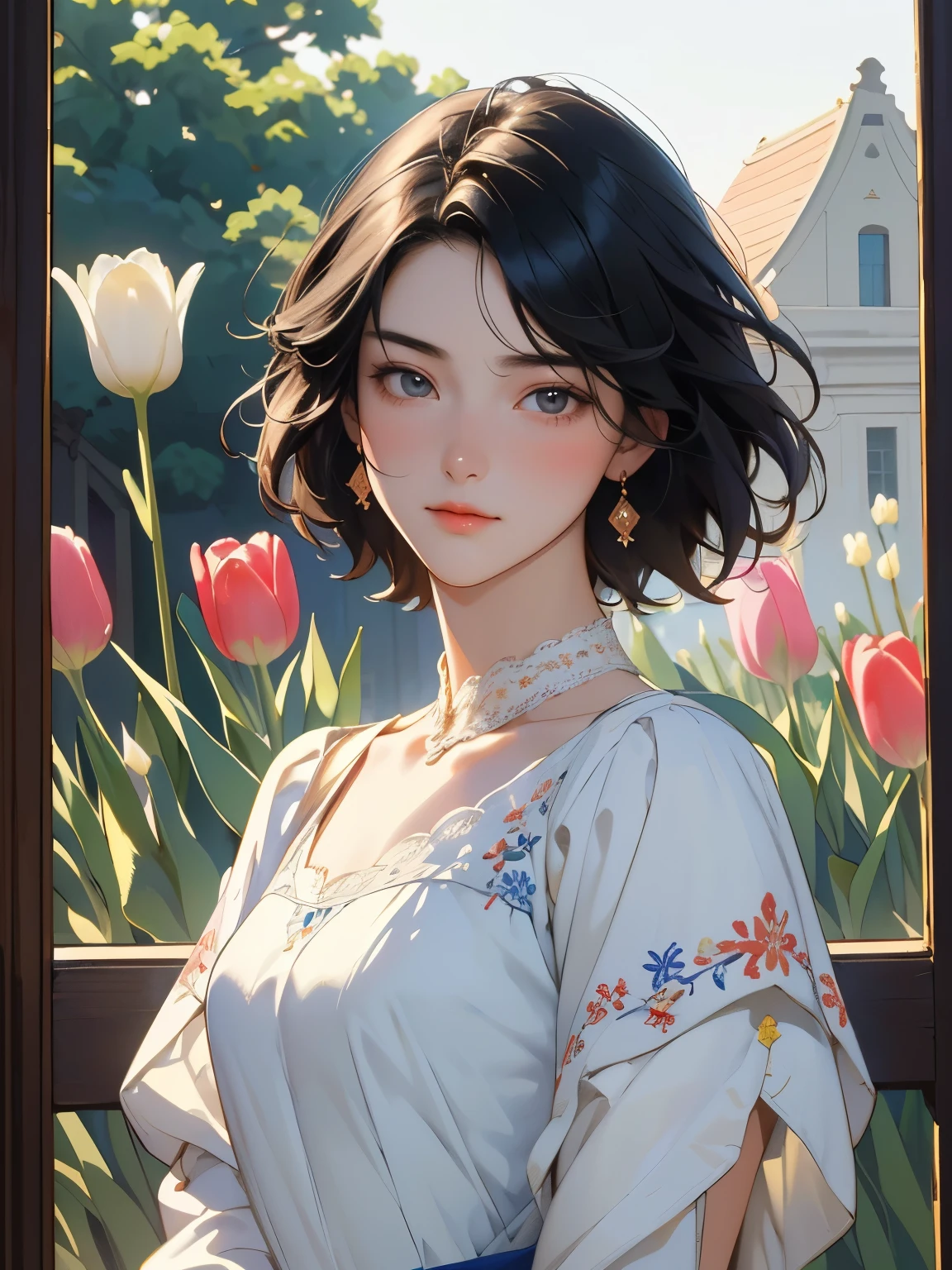 Classical painting, (Tulips filling the balcony々:1.4), (Filled with colorful tulips)、(A beautiful young Dutch trading post chief in the 18th century), (Whole Body), Are standing, Portraiture, Exposing shoulders, (Beautiful Prussian blue evening dress decorated with lace and embroidery :1.2), alone，Beautiful Face、A vivid face、Black-haired、short hair、Beautiful hairstyle、 Realistic Skin、Beautiful Skin、Charm、 Upper Body，detailed，Realistic，Photorealistic、Dark Background，Backlight、Soft Light、Inspired by Edmund Leighton、(Sargent 油 painting)、(Highest quality、masterpiece)、