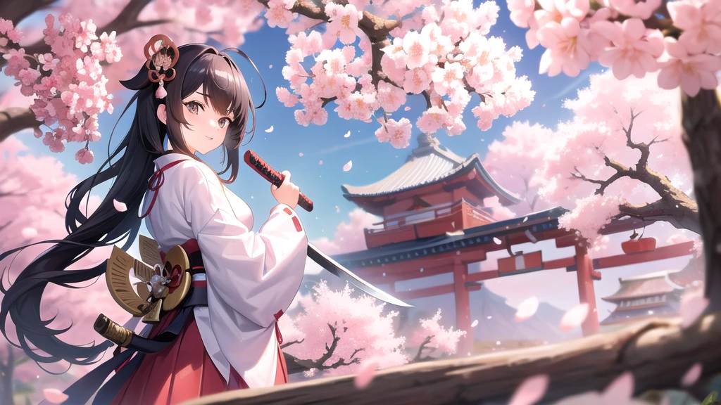 Cute samurai girl with sword, Cherry blossom tree in the background