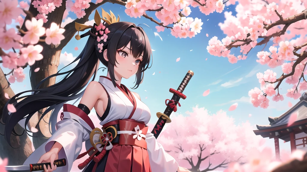 Cute samurai girl with sword, Cherry blossom tree in the background