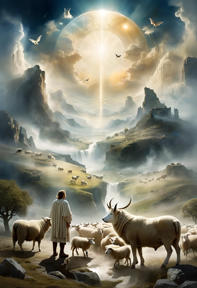 Draw a dreamlike and symbolic scene. Show Enoch in a vision, surrounded by symbolic animals like bulls, sheep and wolves. The landscape must be ethereal and hazy, with elements that represent the new heaven and the new earth, conveying a sense of prophecy and mystery.