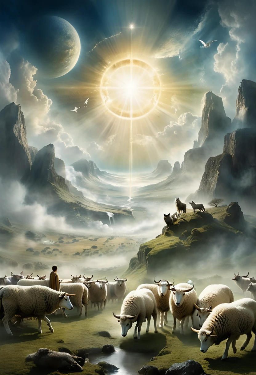 Draw a dreamlike and symbolic scene. Show Enoch in a vision, surrounded by symbolic animals like bulls, sheep and wolves. The landscape must be ethereal and hazy, with elements that represent the new heaven and the new earth, conveying a sense of prophecy and mystery.